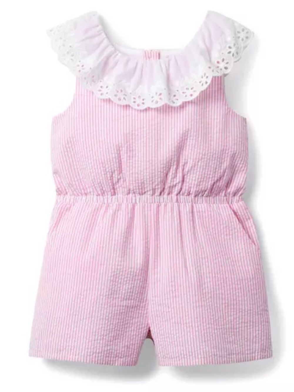 Janie and Jack Pink Striped Seersucker Romper with Eyelet Collar